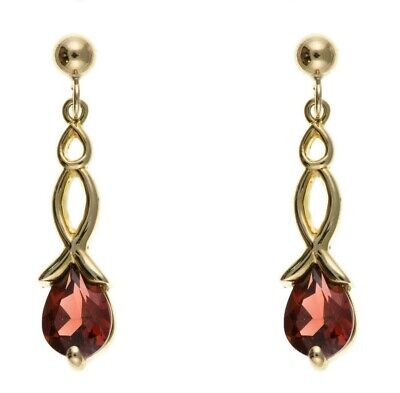 9ct Yellow Gold Garnet Drop Earrings Twist Drops Hallmark January Birthstone