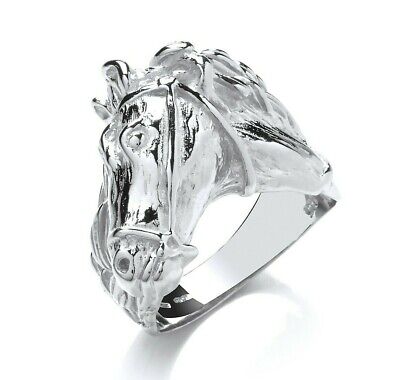 Gents Horses Head Ring Solid Sterling Silver Hallmarked Rhodium Finish Size T-Y
