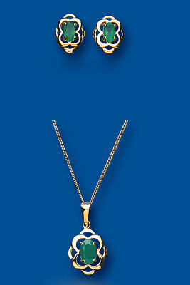 Gold Emerald Pendant and Earrings Set Yellow Gold Solid Hallmarked
