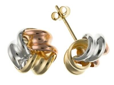 9ct Three Colour Knot Stud Earrings Solid Yellow White Rose Gold 7mm Studs