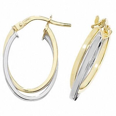 Gold Hoop Creole Earrings Hallmark Yellow & White Gold Oval Hoop Earrings 18mm