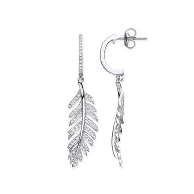White Gold Natural Diamond Feather Drop Dangle Earrings Ladies Gift