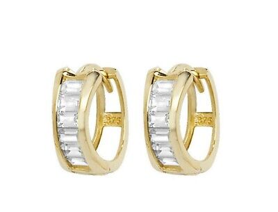9ct Yellow Gold Huggie Hoop Earrings 10mm Baguette Gemstone Hallmarked British