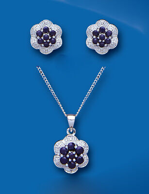 Sapphire and Diamond Pendant and Earrings Set Solid Sterling Silver