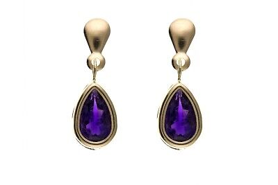 9ct Yellow Gold Amethyst Drop Earrings Pear Drops Hallmark February Birthstone
