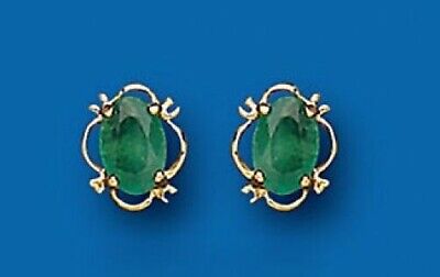 9ct Gold Emerald Earrings Oval Solitaire Stud Yellow Gold May Birthstone