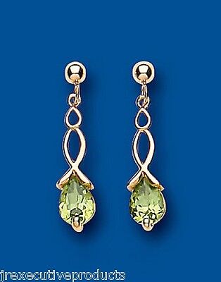 9ct Yellow Gold Peridot Drop Earrings Twist Drops Hallmark August Birthstone