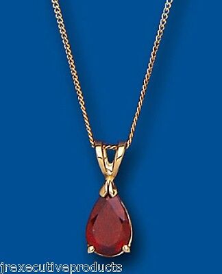 Yellow Gold Garnet Pendant Pear Solitaire 18" Chain Hallmarked British Made