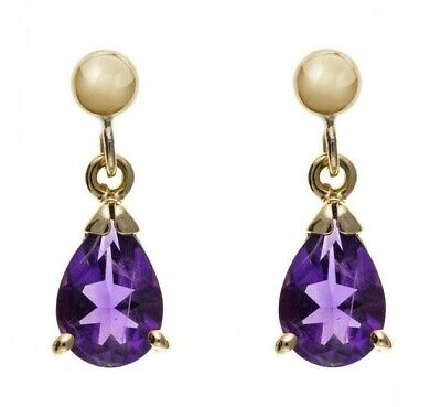 9ct Yellow Gold Amethyst Drop Earrings Teardrop Hallmark February Birthstone