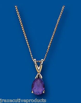 Yellow Gold Amethyst Pendant Pear Solitaire 18" Chain Hallmarked British Made