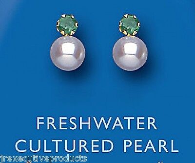 9ct Gold Pearl and Emerald Earrings Freshwater Studs Bridal Wedding Hallmarked