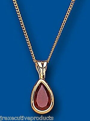 Natural Garnet Pear Pendant Yellow Gold Hallmarked 18" Chain Christmas Birthday