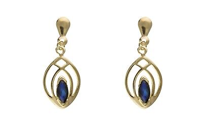 9ct Yellow Gold Sapphire Drop Earrings Marquise Hallmarked September Birthstone