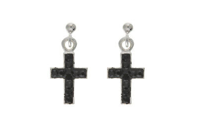 Black Crystal Cross Earrings Sterling Silver Drop 925 Hallmark British made