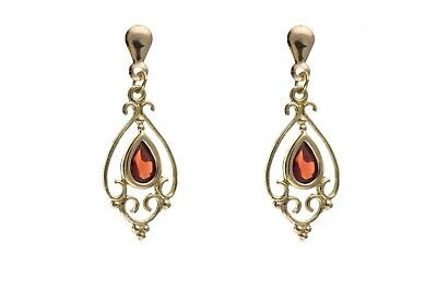 9ct Yellow Gold Garnet Drop Earrings Chandelier Hallmark January Birthstone