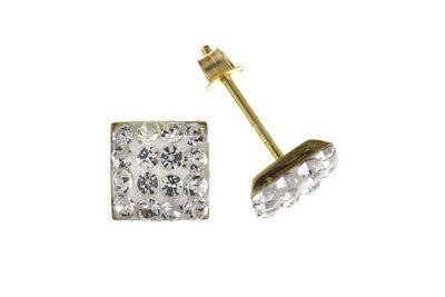 9ct Gold Square Stud Earrings Austrian Crystal Glitter Studs Yellow Gold