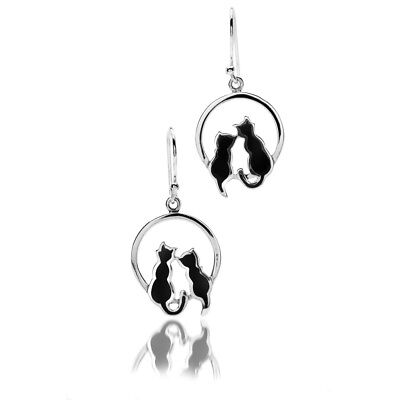 Moonlight Black Cat Earrings Sterling Silver 925 Hallmarked Drops