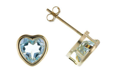 9ct Gold Blue Topaz Heart Earrings Solitaire Yellow Gold November Birthstone