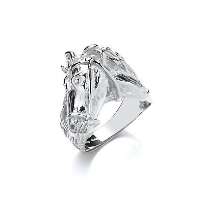 Gents Horses Head Ring Solid Sterling Silver Hallmarked Rhodium Finish Size T-Y