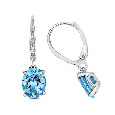 Blue Topaz & Diamond Drop Earrings 9ct White Gold Leverback Drops