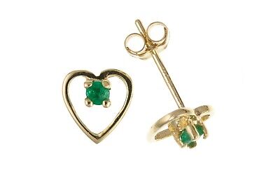 9ct Gold Emerald Heart Stud Earrings Yellow Gold May Birthstone Hallmark