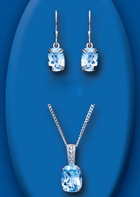 Blue Topaz and Diamond Pendant and Earrings Set Solid Sterling Silver