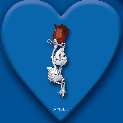 Amber Rose Brooch Solid Sterling Silver Pin 925 Hallmark