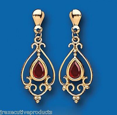 9ct Yellow Gold Garnet Drop Earrings Chandelier Hallmark January Birthstone