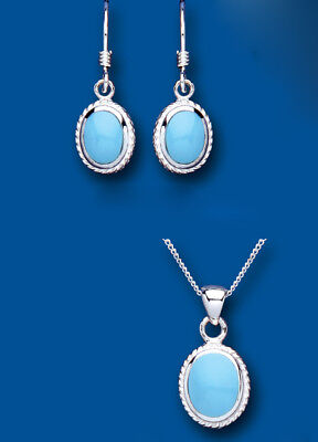 Solitaire Turquoise Pendant and Earrings Set Solid Sterling Silver Oval