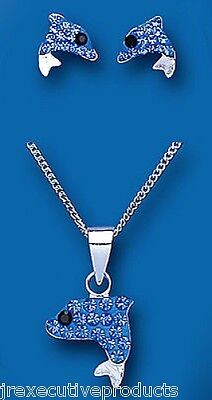 Silver Dolphin Set Blue Crystal 925 Hallmark Childrens Kids Jewellery
