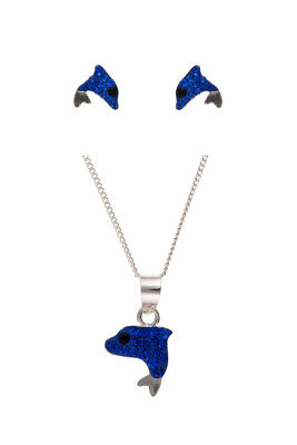 Silver Dolphin Set Blue Crystal 925 Hallmark Childrens Kids Jewellery
