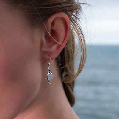 Rainbow Moonstone Celtic Drop Earrings Solid Sterling Silver 925 Stamp