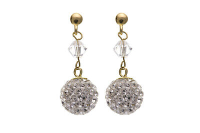 9ct Yellow Gold Crystal Ball Drop Earrings Glitterball Hallmarked Stick Drops