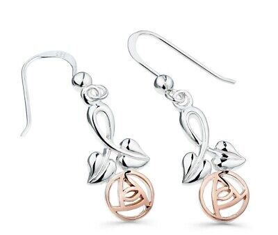 Mackintosh Rose Stem Drop Earrings Solid Sterling Silver Rose Gold Detail