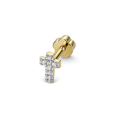 Diamond Cross Cartilage Stud Ear Yellow Gold Premium Real Diamonds 0.02ct