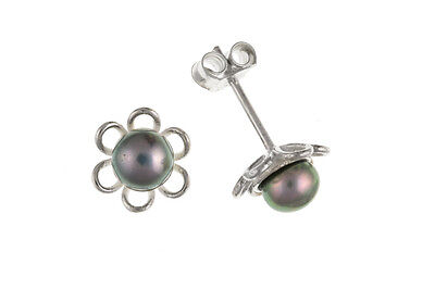Grey Pearl Flower Earrings Sterling Silver Stud 925 Hallmark Ladies Studs