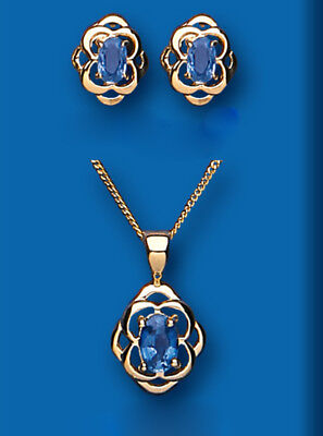 Sapphire Pendant and Earrings Set Solid Hallmarked Yellow Gold Kanchan Sapphire