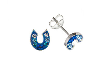 Silver Horseshoe Earrings Blue Austrian Crystal Studs 925 Hallmark Ladies Stud