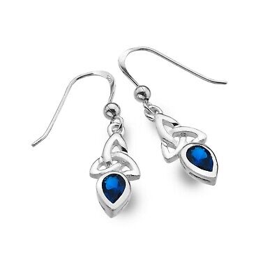 Sapphire Celtic Trinity Earrings Drop Sterling Silver 925 Hallmarked Drops