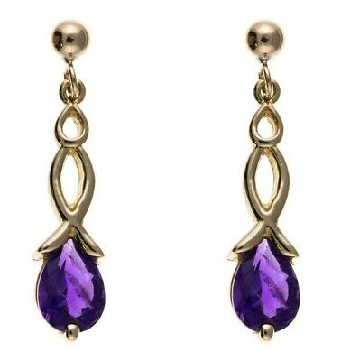 9ct Yellow Gold Amethyst Drop Earrings Twist Drops Hallmark February Birthstone