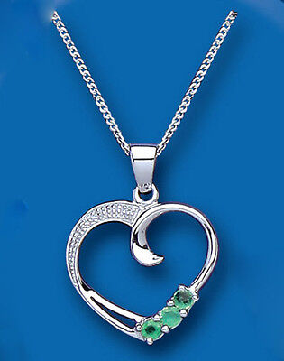 Emerald and Diamond Heart Pendant Sterling Silver Necklace