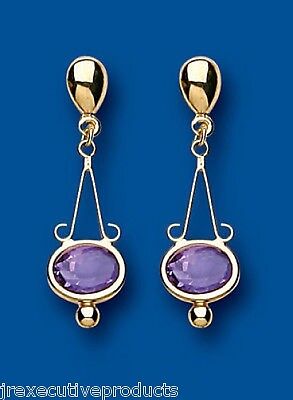 9ct Yellow Gold Amethyst Drop Earrings Oval Drops Hallmark February Birthstone
