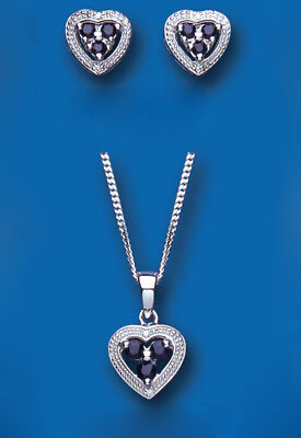 Sapphire and Diamond Heart Set Pendant and Earrings Solid Sterling Silver