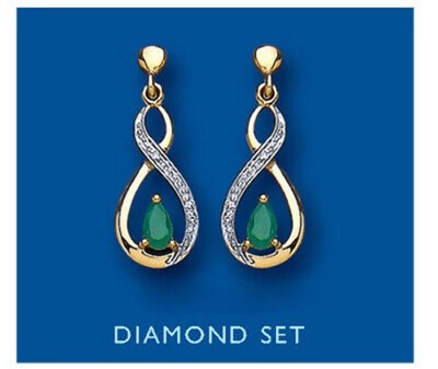 Yellow Gold Emerald Pear & Diamond Gemstone Infinity Twist Drop Dangle Earrings