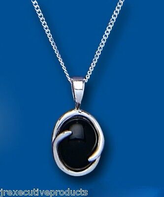Sterling Silver Onyx Pendant 18" Chain Oval Solitaire 925 Hallmark British Made