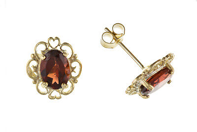9ct Gold Garnet Earrings Oval Solitaire Stud Yellow Gold January Birthstone