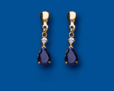 9ct Yellow Gold Sapphire Drop Earrings Teardrop Hallmarked September Birthstone