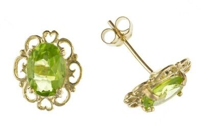 9ct Gold Peridot Earrings Yellow Gold Filigree Stud August Birthstone Hallmark