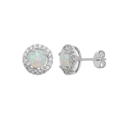 Opal Halo Stud Earrings Sterling Silver Rhodium Plated British Made 925 Hallmark