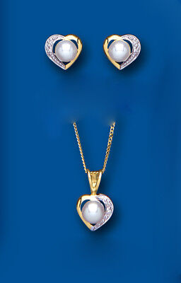 Pearl and Diamond Heart Set Yellow Gold Pendant and Earrings Freshwater Cultured